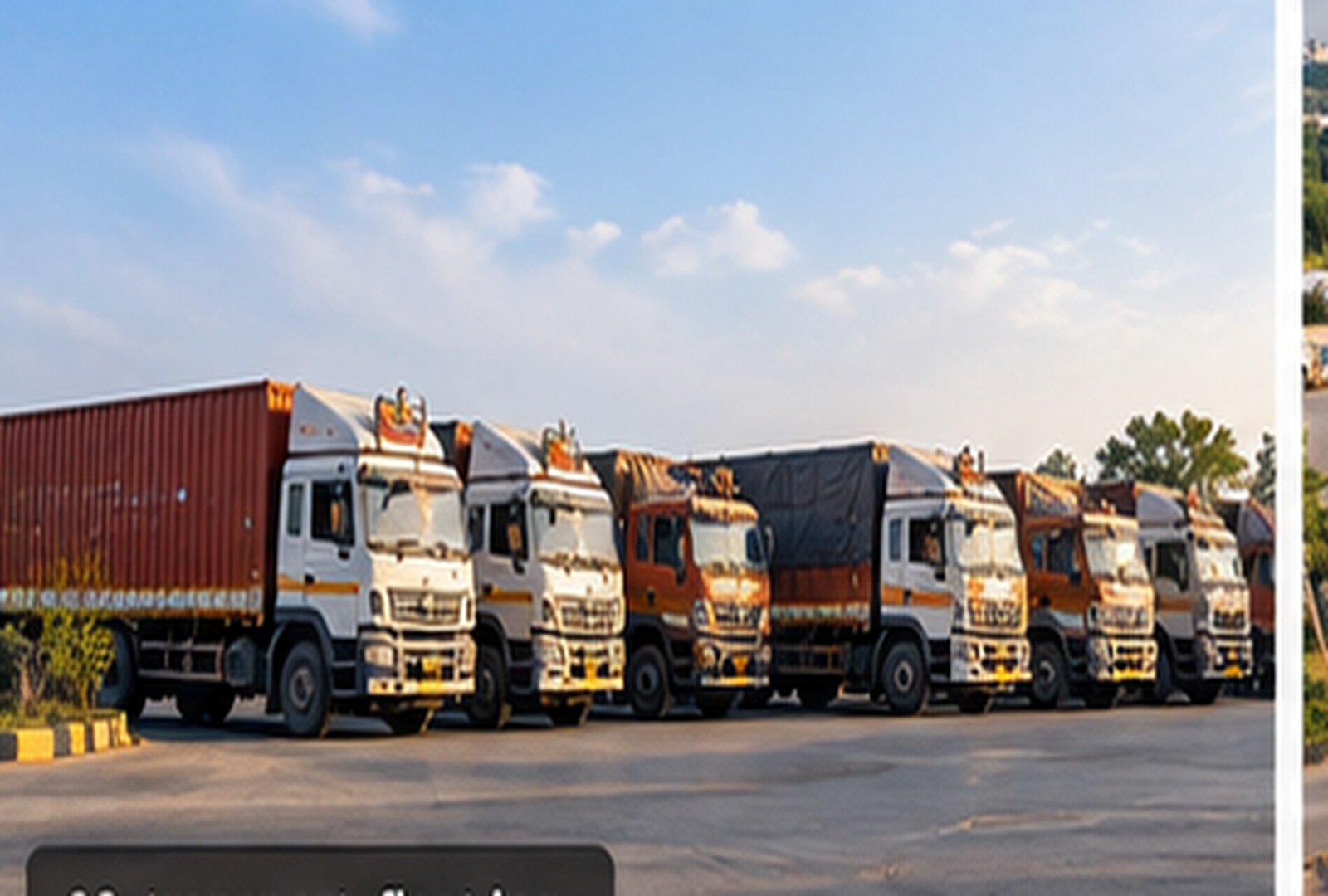 A line of transport fleet trucks ready for dispatch