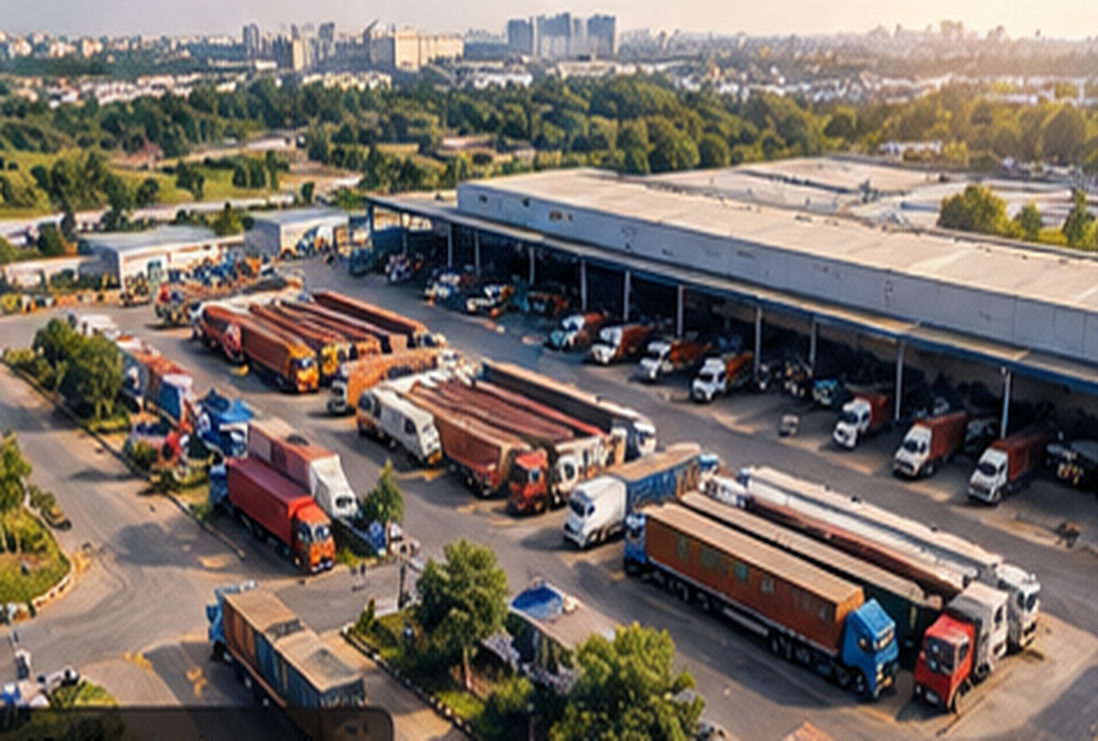 Aerial view of a commercial vehicle fleet depot